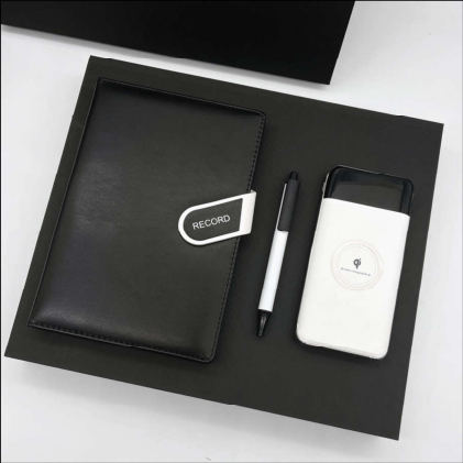 Parure carnet & stylo — Carnet A5, stylo à pointe tactile et batterie externe sans fil, personnalisable aux couleurs de votre entreprise