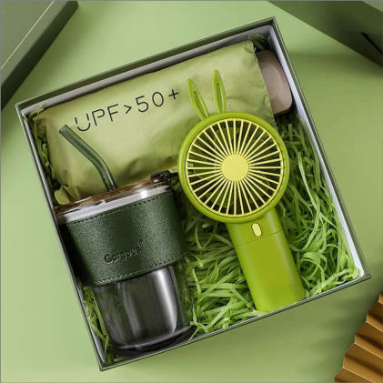 Coffret cadeau — Verre, parapluie et mini ventilateur, personnalisable aux couleurs de votre entreprise