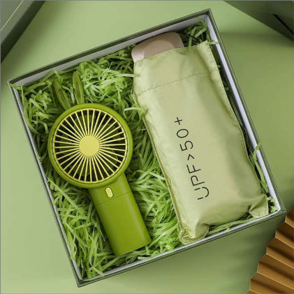 Coffret cadeau — Parapluie et mini ventilateur, personnalisable aux couleurs de votre entreprise