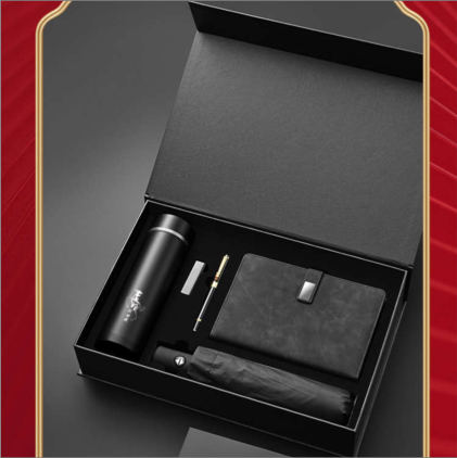 Coffret d'affaires — Parapluie, carnet A5, stylo à pointe tactile, mug isotherme et clé USB, personnalisable aux couleurs de votre entreprise