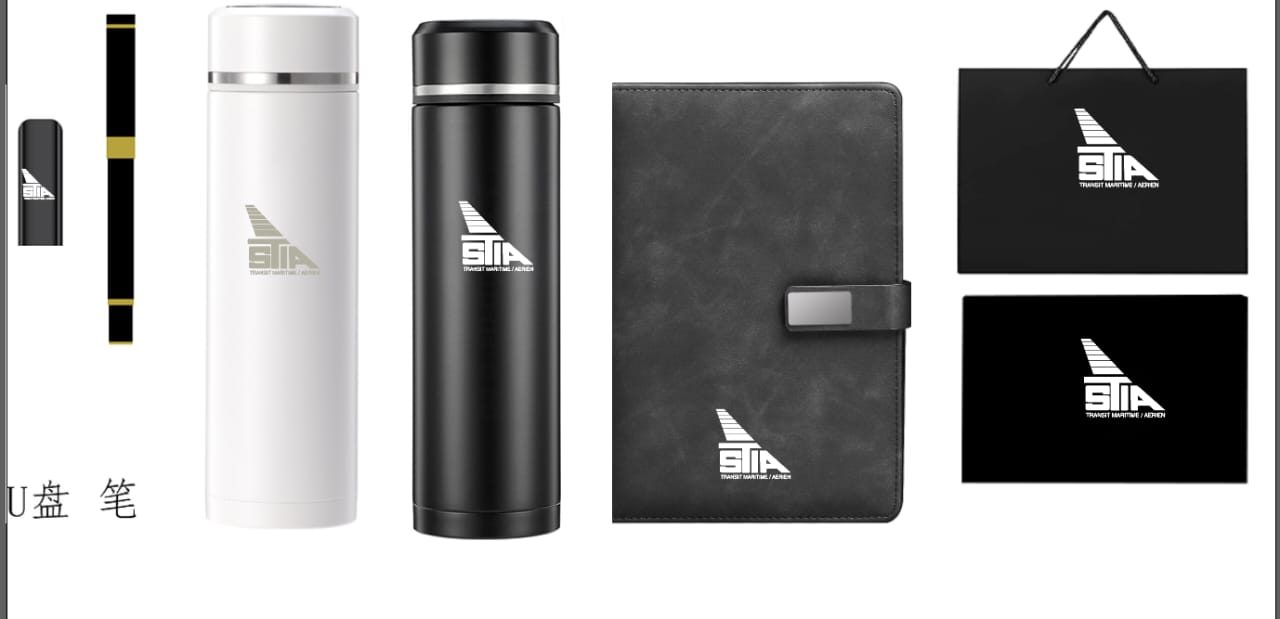 Composition du coffret collaborateurs STIA : thermos, carnet, clé USB et sacs